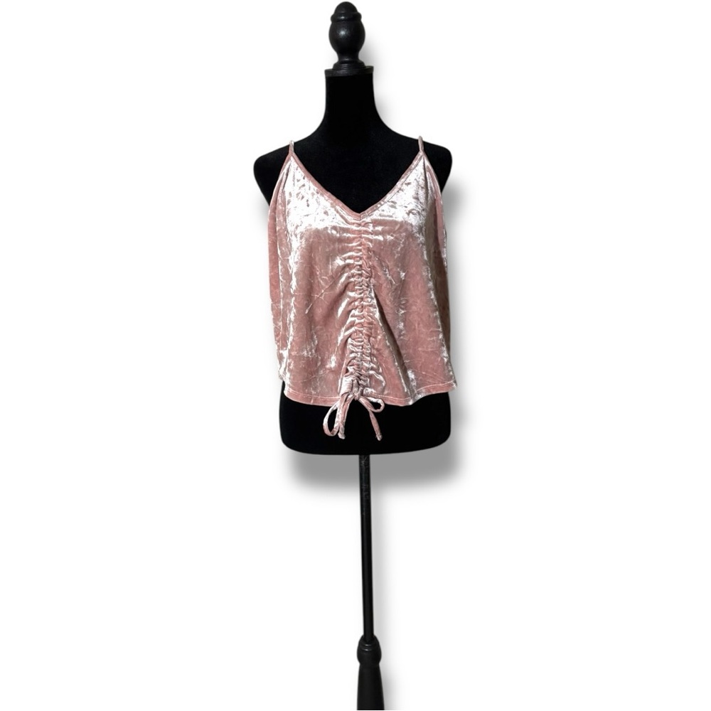 Hippie Rose Baby Pink Velour Ruched Drawstring Thin Straps Cropped Camisole Top - Picture 4 of 16